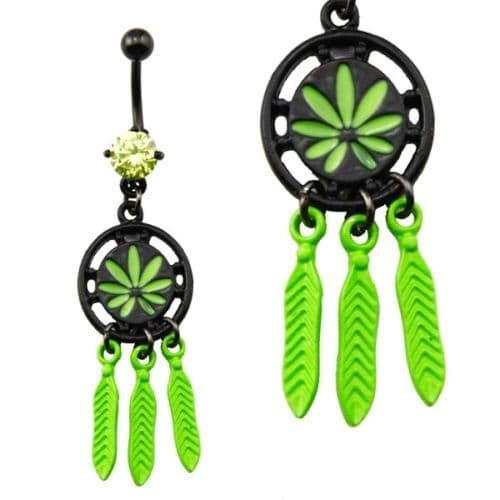 Pot Leaf Dreamcatcher Dangle Belly Bar with Green CZ Gem