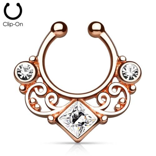Rose Gold Lace Swirl Non-Piercing Septum Ring Clicker with Gem Centre