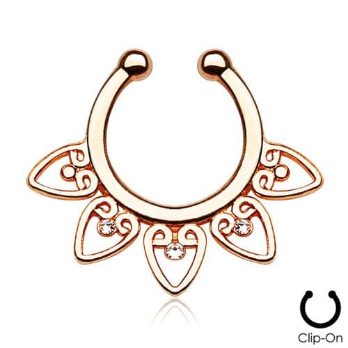 Rose Gold Plated Tribal Fan Non-Piercing Septum Ring Hanger with Clear Gems