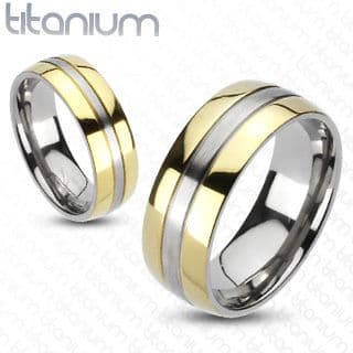Solid Titanium 2-Tone Gold IP Edges Wedding Ring / Band Ring