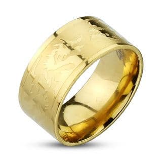 Stainless Steel Gold IP Dragons Etched Band Ring