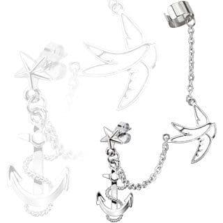 Star Stud Chain Earring with Swallow and Anchor Dangle and Clip