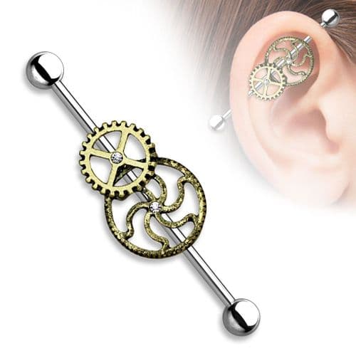 Steampunk Industrial Barbell Piercing Burnished Gold