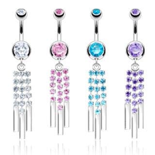 Surgical Steel Belly Bar with 3 Cubic Zirconia Strands
