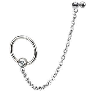 Surgical Steel Chain Single Gemmed Captive Bead Ring with Cartilage / Tragus Bar