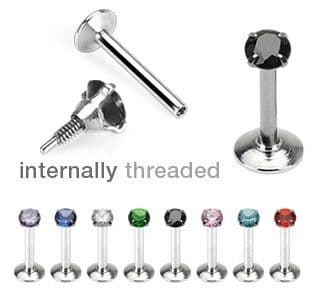 Surgical Steel Internally Threaded 10mm Labret with Prong Set Gem Top