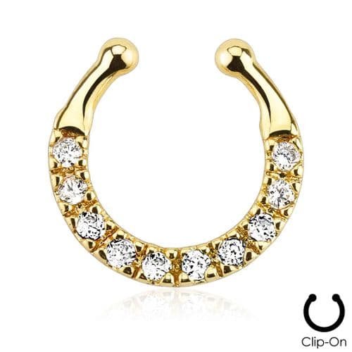 Ten Paved Gem Single Line Gold Plated Non Piercing Septum Ring / Hanger