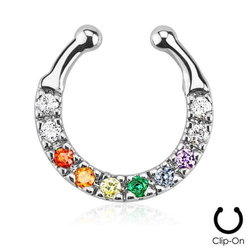 Ten Paved Multi-Coloured Gem Single Line Non-Piercing Septum Ring Hanger
