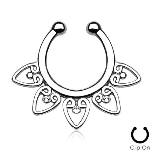 Tribal Fan Non-Piercing Septum Ring / Hanger with Clear Gems