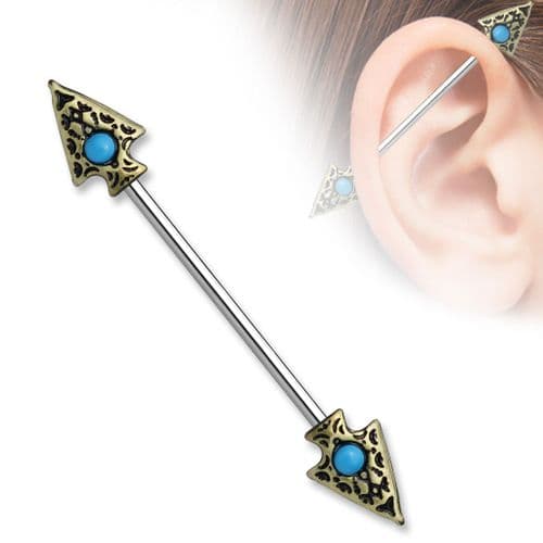 Tribal Spear Industrial Scaffold Piercing Bar with Turquoise Set Balls