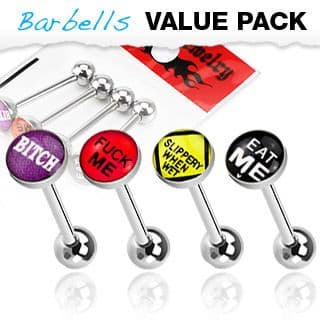 Value Pack of Rude Word Surgical Steel Tongue Bars with Epoxy Dome Ball