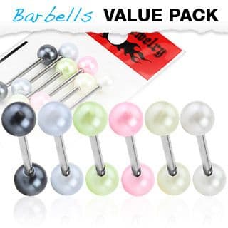 Value Pack of Surgical Steel Barbells / Tongue Bars with Faux Pearl Balls
