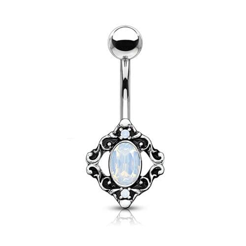 White Opal Belly Bar with Filigree Square