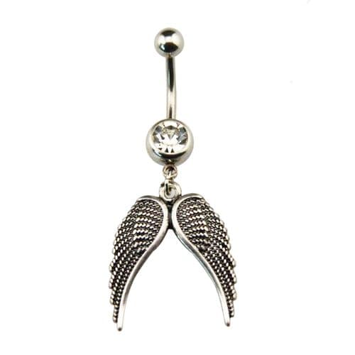 Wiccan Pagan Belly Bar / Navel Piercing with Angel Wings Dangle