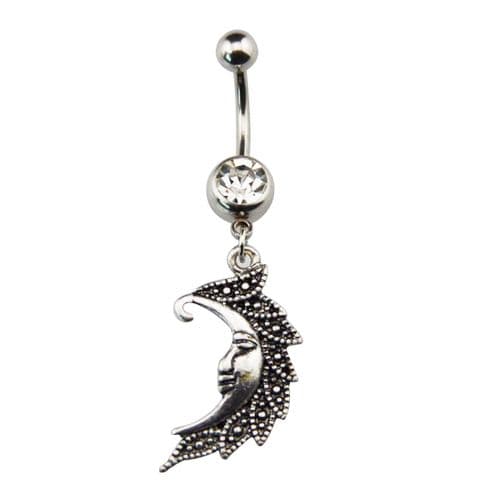 Wiccan Pagan Belly Bar / Navel Piercing with Crescent Moon Dangle