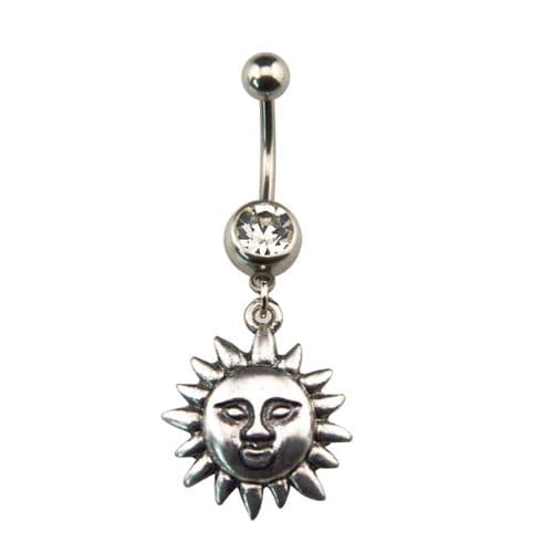 Wiccan Pagan Belly Bar / Navel Piercing with Sun Face Dangle