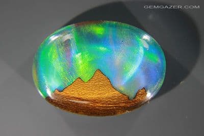Synthetic Aurora Opal & Maple Wood Landscape Triplet cabochon, Australia. 30.44 carats.  (Video)