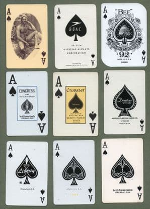 9 different single playing cards, all Aces of Spades  #290
