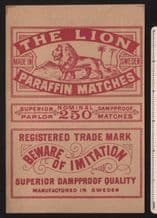 Collctable Match box label extra Large Packet size The lion #713