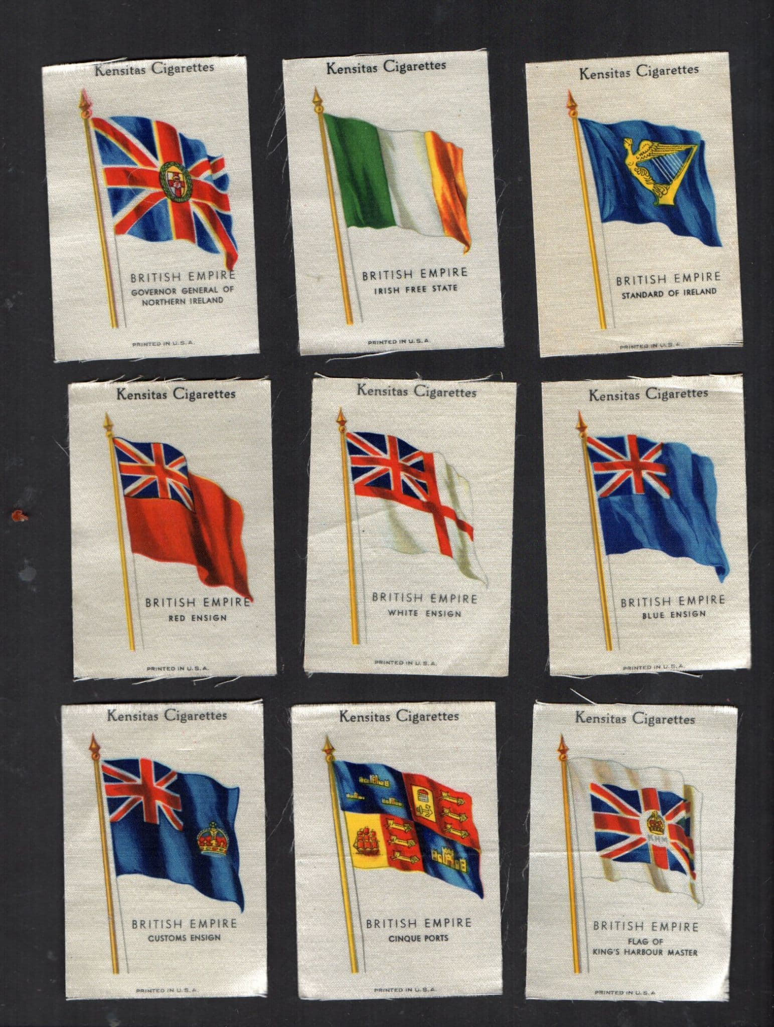 silk flags from cigarette packets Collctable Tobacco cigarette cards set Kensitas Silk British Empire Flags  USA