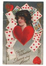 Queen of hearts playing card postcard Valentine 1913