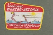 Vintage Hotel luggage label Bikini girls waterski-ing AUSTRIA #679