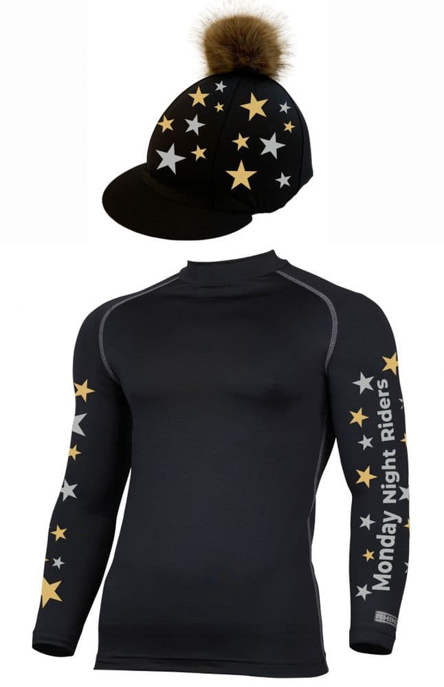 Adult's Monday Riders Club Black with gold/silver stars Base Layer & Hat Silk. (1)