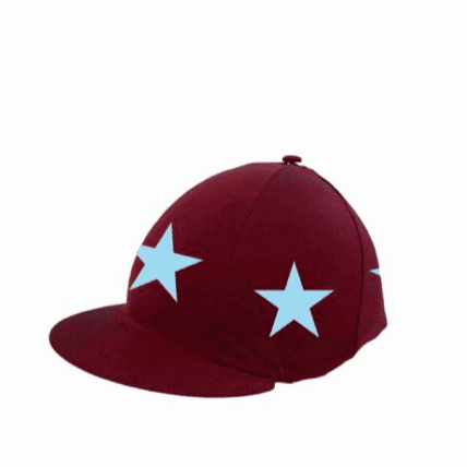 Austin Friars RC Burgundy Silk with blue large starsLycra Hat Silk with button