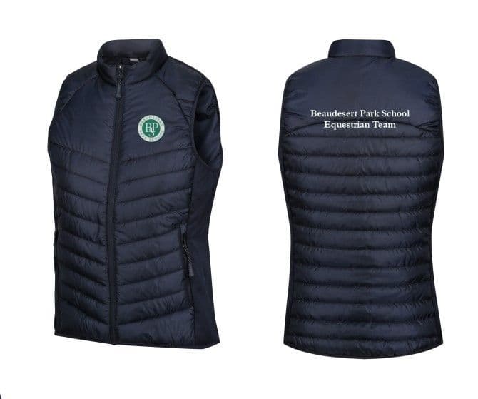 Beaudesert Park School Equestrian Team in White on the back and s  Ladies Navy Padded Gilet 910