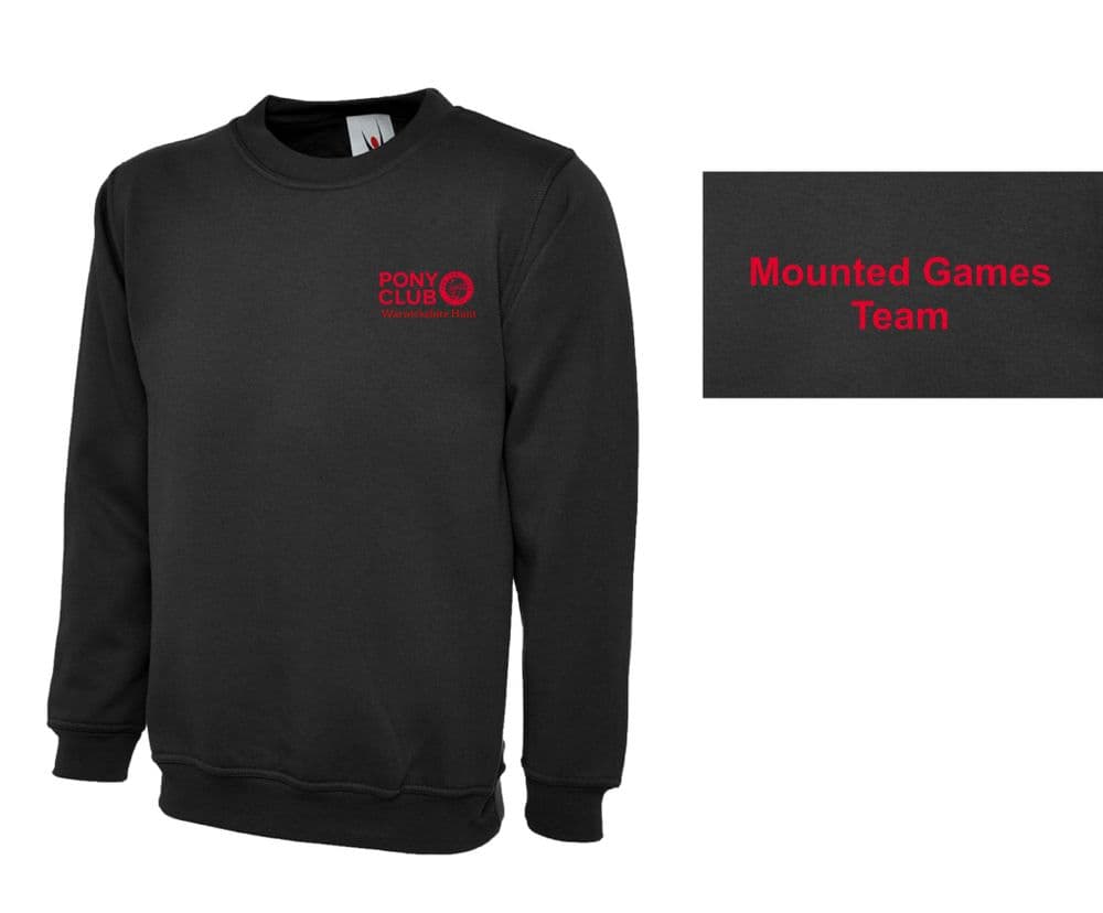 Childrens' Warwickshire Hunt Pony Club Black Mounted Games Sweatshirt Ux7