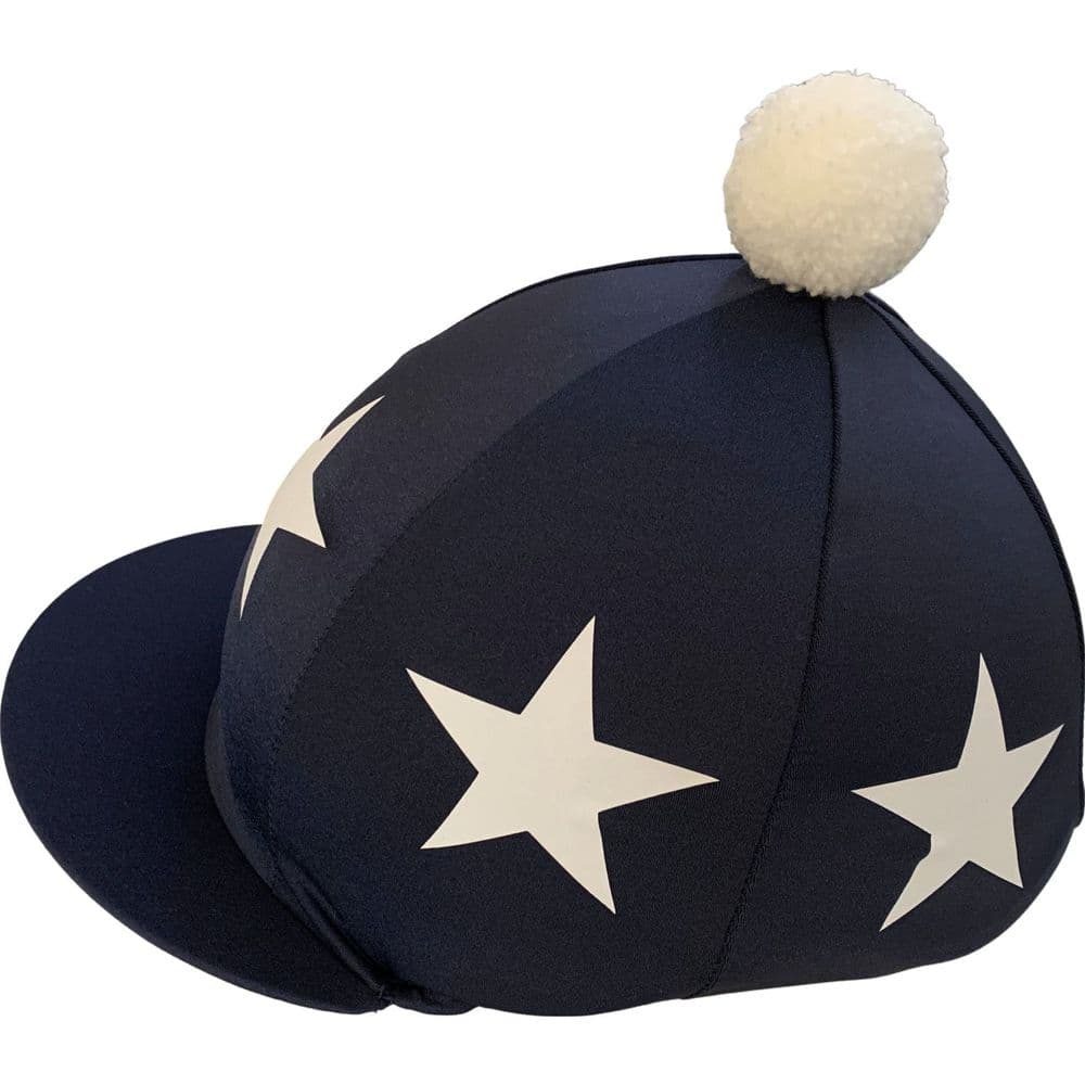 Dulverton West PC Navy Hat silk, with large white stars and a white pompom