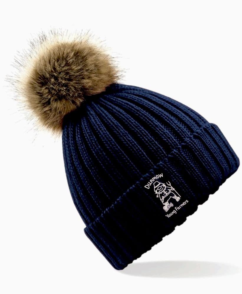 Dunmow Farmers Navy Faux Fur beanie.