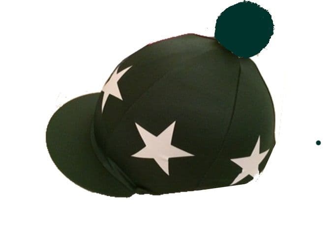 Lamerton PC Bottle Lycra Hat Silk with white stars and Bottle green pompom