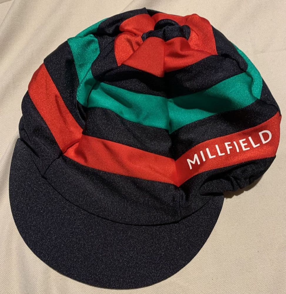 Millfield School Hat Silk Red/Navy/Emerald Hooped silk