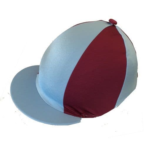 Quorn Light Blue/Burgundy 6 panelled silk. Button on top. Burgundy Peak