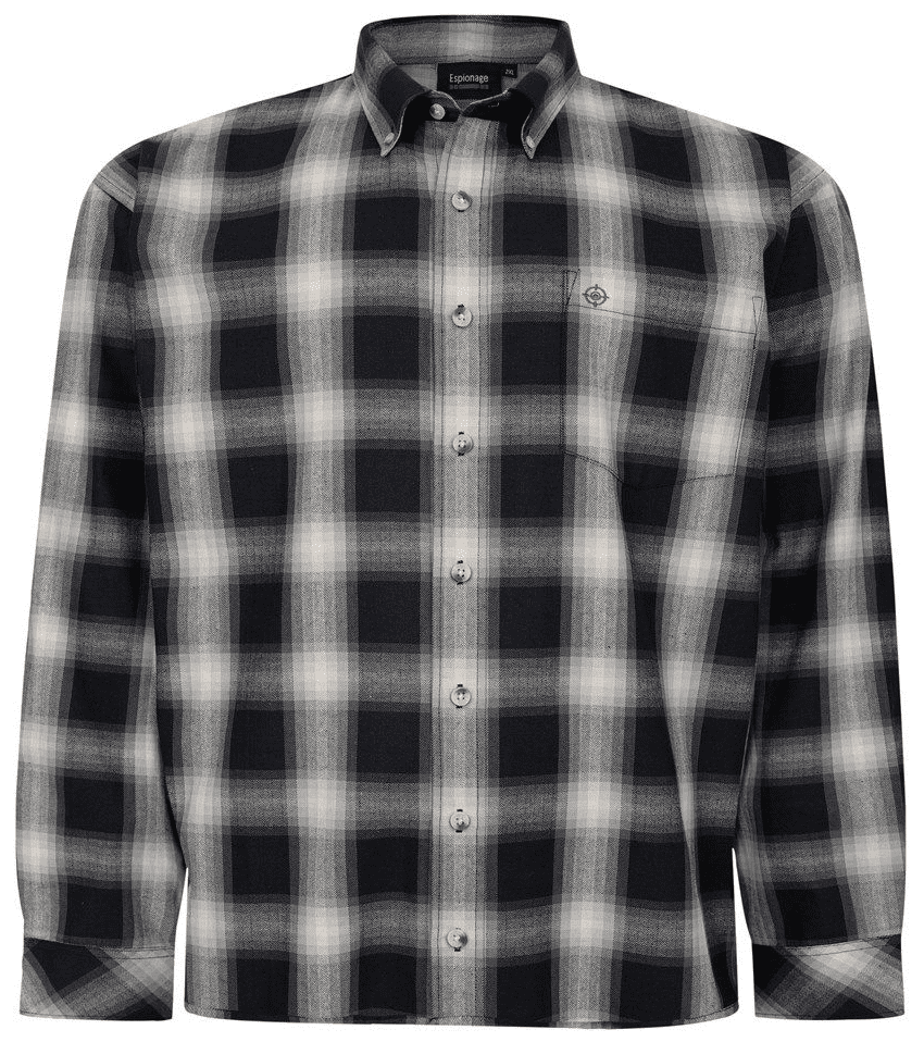 ESPIONAGE LONG SLEEVED BRUSHED COTTON CHECK SHIRT - BLACK/GREY