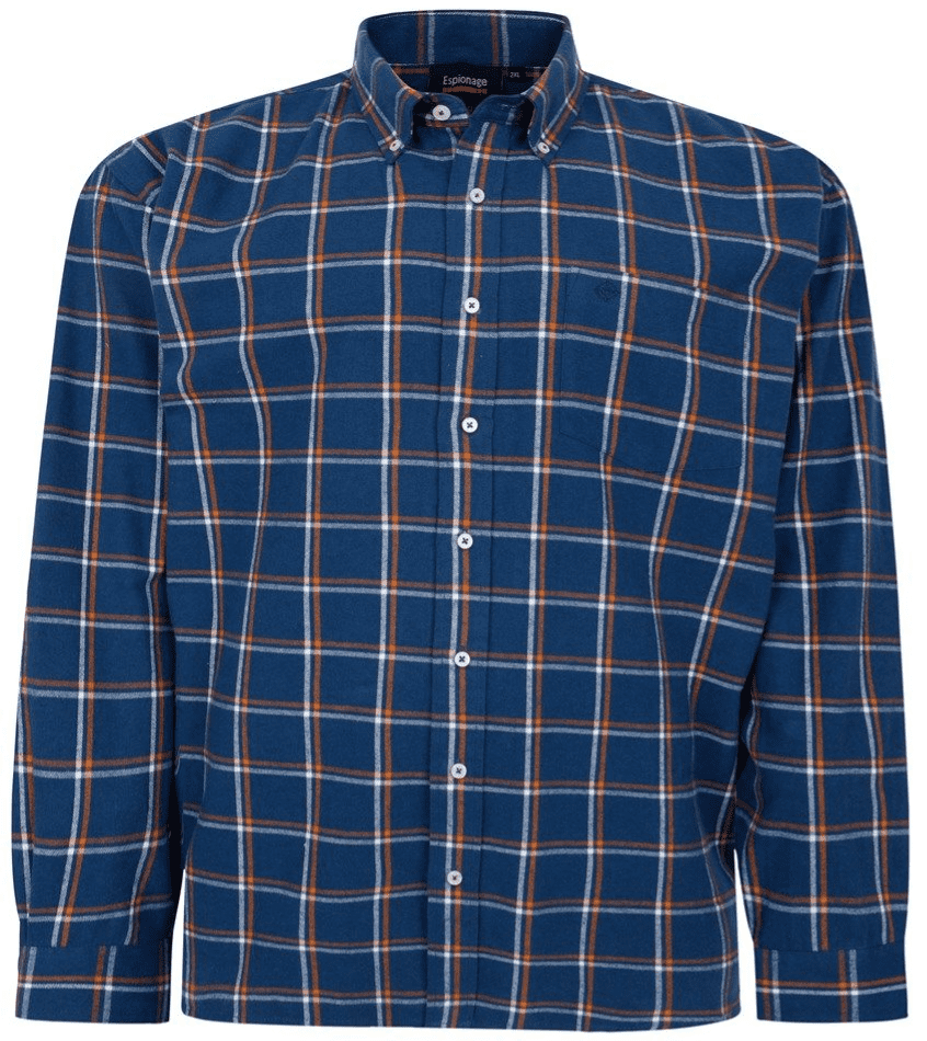 ESPIONAGE LONG SLEEVED BRUSHED COTTON CHECK SHIRT -BLUE/ORANGE