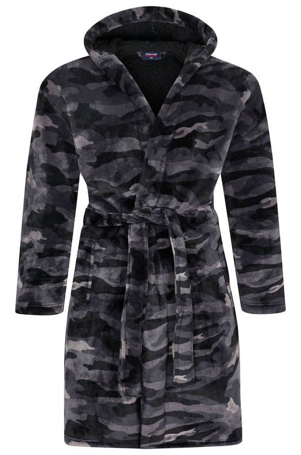 ESPIONAGE SHERPA FLEECE LINED HOODED CAMO PRINT BATHROBE / DRESSING GOWN