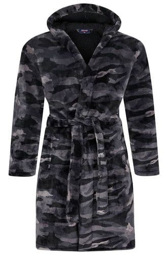 ESPIONAGE SHERPA FLEECE LINED HOODED CAMO PRINT BATHROBE / DRESSING GOWN