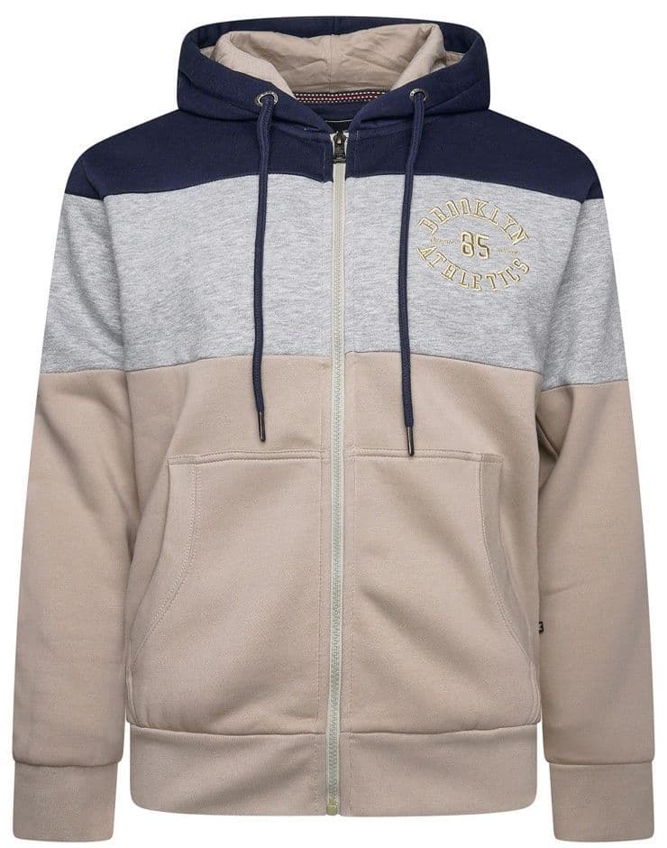 KAM FULL ZIP BROOKLYN PANELLED HOODY - NAVY/GREY/STONE