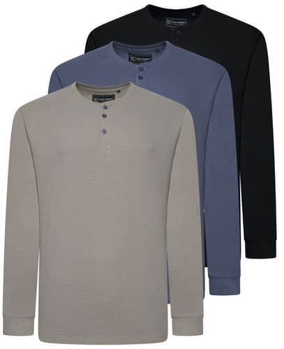 KAM LONG SLEEVED WAFFLE FABRIC HENLEY COLLAR T SHIRT