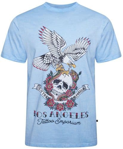 KAM LOS ANGELIS SKULL & EAGLE T SHIRT - WASHED BLUE