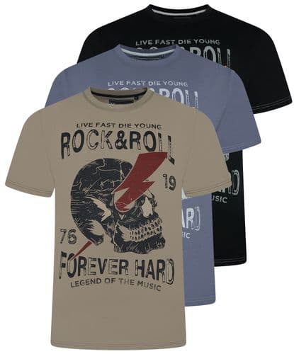 KAM ROCK & ROLL SKULL PRINT T SHIRT