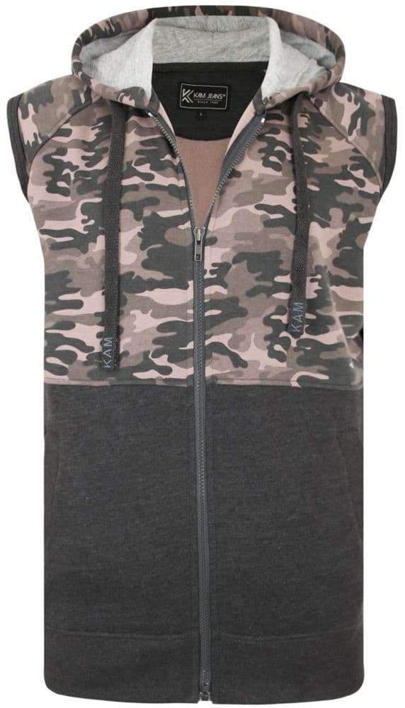 KAM SLEEVELESS FULL ZIP CAMO PANEL HOODY - CHARCOAL