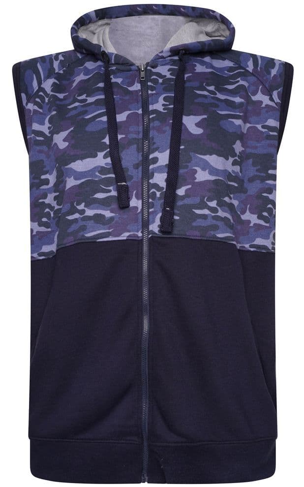 KAM SLEEVELESS FULL ZIP CAMO PANEL HOODY - NAVY