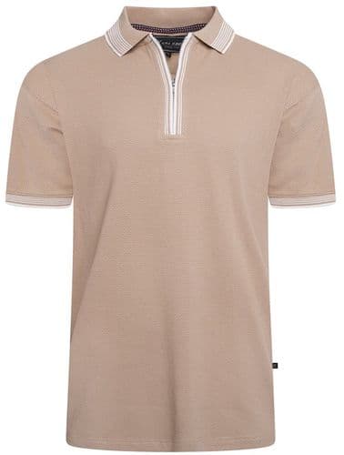 KAM TEXTURED ZIP NECK POLO SHIRT - ALMOND