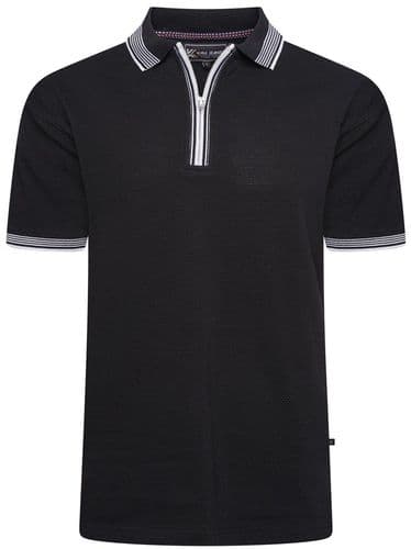 KAM TEXTURED ZIP NECK POLO SHIRT - BLACK