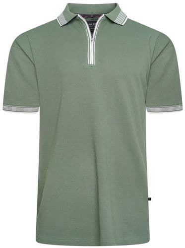 KAM TEXTURED ZIP NECK POLO SHIRT - ELM GREEN