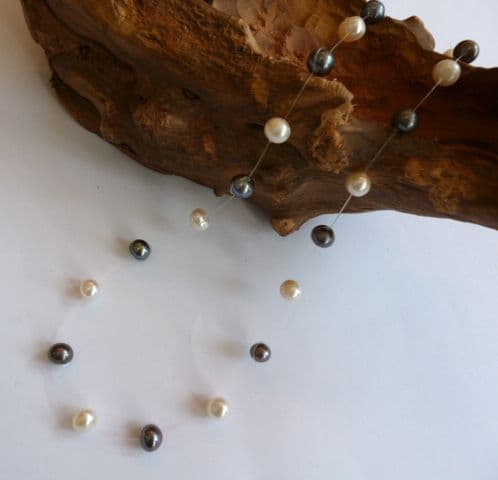 'Floating' Pearl Necklace in Black and White