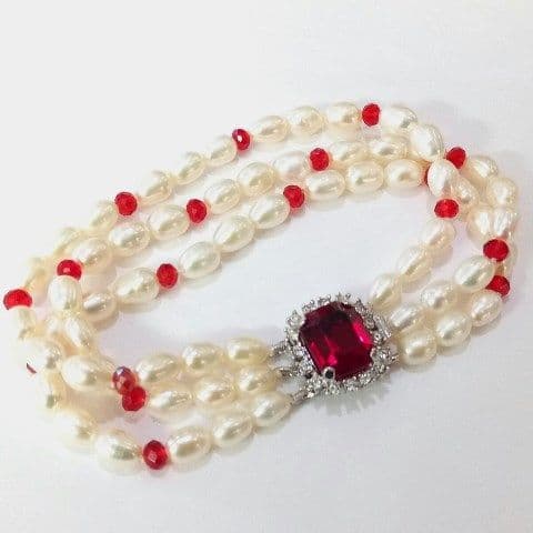 3 Row Pearl Bracelet with Swarovski Crystals